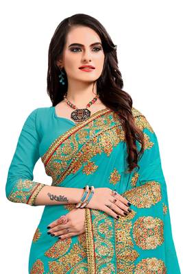 Green embroidered georgette saree with blouse 3