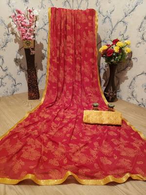 Red printed lycra saree with blouse 1