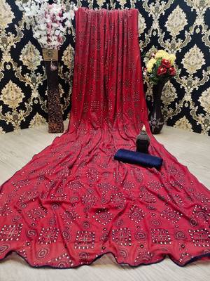 Red printed lycra saree with blouse 1
