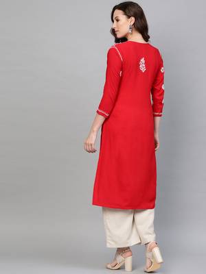 Red hand woven rayon chikankari-kurtis 3