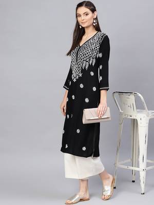 Black hand woven rayon chikankari-kurtis 1