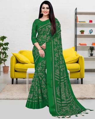 Green printed blended cotton saree with blouse 1