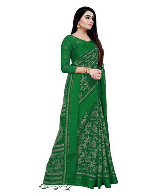 Green printed blended cotton saree with blouse 2
