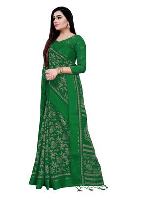 Green printed blended cotton saree with blouse 3