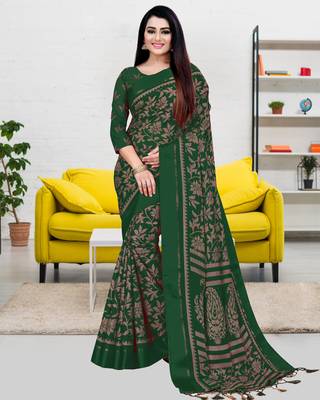 Dark green printed blended cotton saree with blouse 1