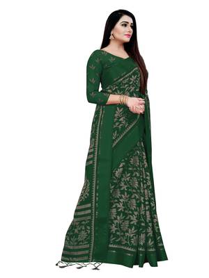 Dark green printed blended cotton saree with blouse 2