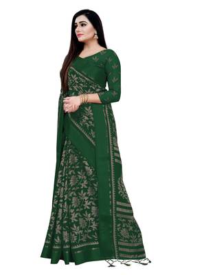 Dark green printed blended cotton saree with blouse 3