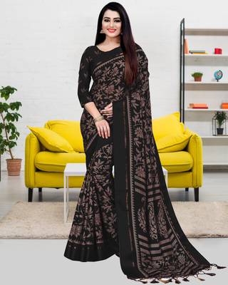 Black printed blended cotton saree with blouse 1