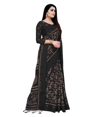Black printed blended cotton saree with blouse 2