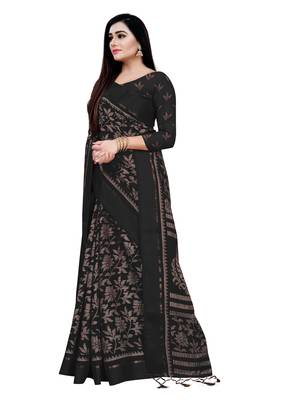 Black printed blended cotton saree with blouse 3