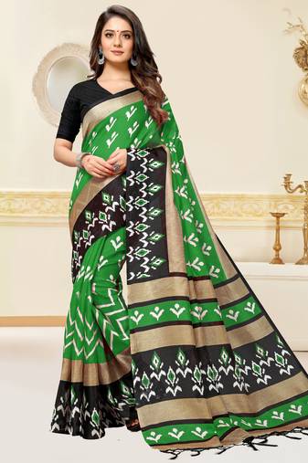 Rajnandini Green Printed Silk Blend Saree With Blouse