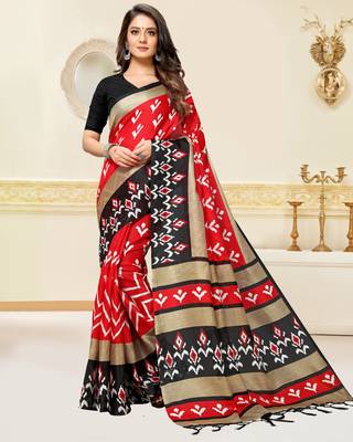 Red printed silk blend saree with blouse 1