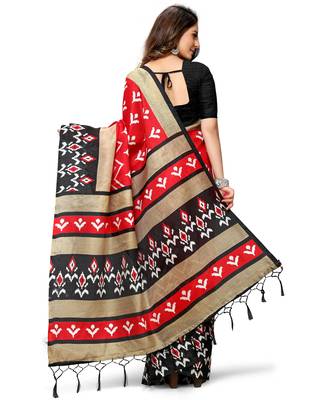 Red printed silk blend saree with blouse 2
