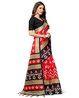 Red printed silk blend saree with blouse 3