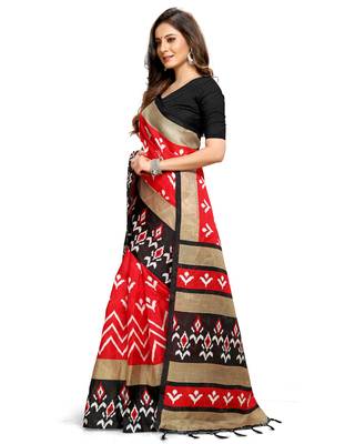 Red printed silk blend saree with blouse 4