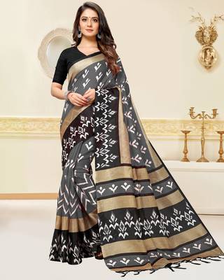 Grey printed silk blend saree with blouse 1