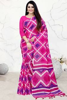 Pink Printed Blended Cotton Saree With Blouse