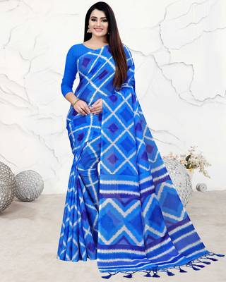Blue Printed Blended Cotton Saree With Blouse 1