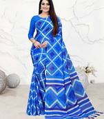 Blue Printed Blended Cotton Saree With Blouse