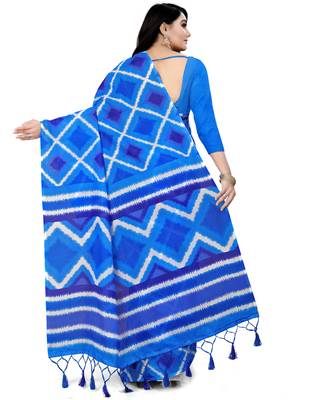 Blue Printed Blended Cotton Saree With Blouse 2