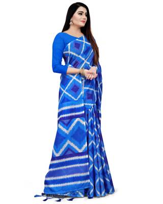 Blue Printed Blended Cotton Saree With Blouse 3