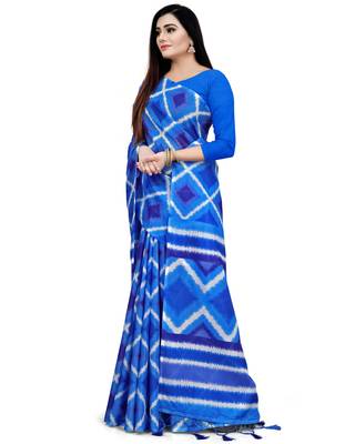 Blue Printed Blended Cotton Saree With Blouse 4