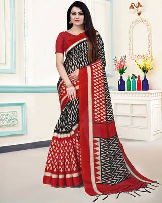 Red Printed Zari Silk Blend Saree With Blouse 1