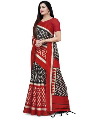 Red Printed Zari Silk Blend Saree With Blouse 3