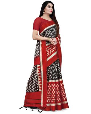 Red Printed Zari Silk Blend Saree With Blouse 4