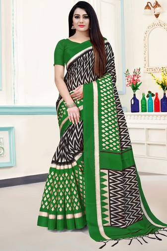 Green Printed Silk Blend Saree With Blouse
