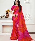 Pink printed blended cotton saree with blouse