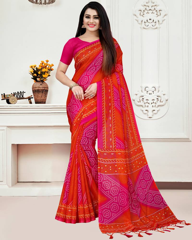 Pink printed blended cotton saree with blouse