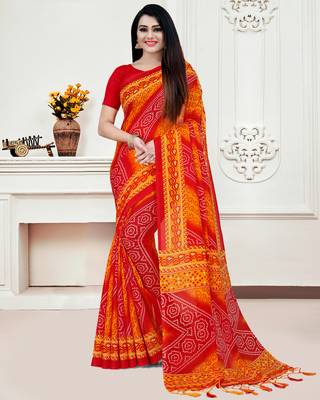 Red printed blended cotton saree with blouse 1