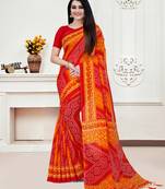 Red printed blended cotton saree with blouse