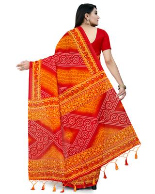 Red printed blended cotton saree with blouse 2