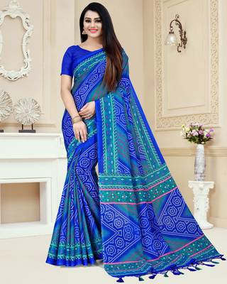 Blue printed blended cotton saree with blouse 1