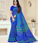Blue printed blended cotton saree with blouse