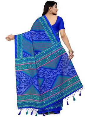Blue printed blended cotton saree with blouse 2