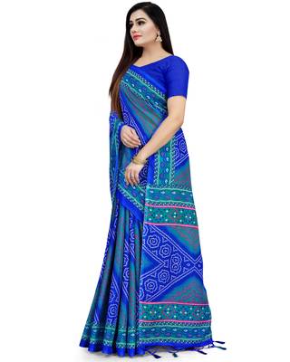Blue printed blended cotton saree with blouse 3