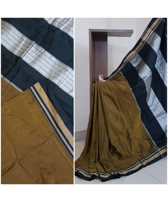Mustard Khun/Khana sarees with contrasting black ilkal pallu and border 2
