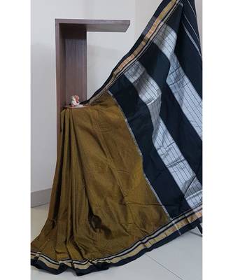 Mustard Khun/Khana sarees with contrasting black ilkal pallu and border 1
