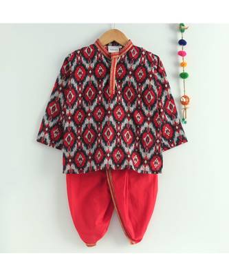 red ikkat print kurta with a red dhoti 3