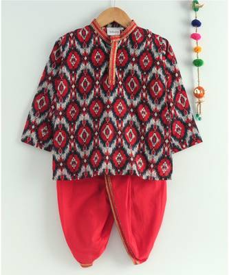red ikkat print kurta with a red dhoti 4