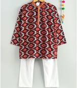 red ikkat print kurta with a white pajama