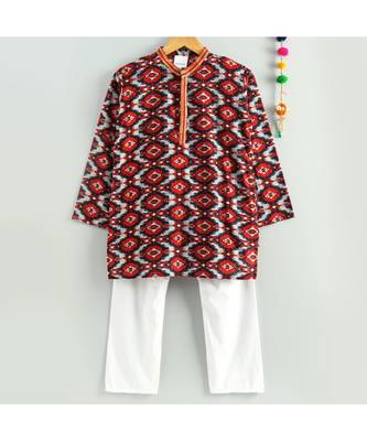 red ikkat print kurta with a white pajama 2