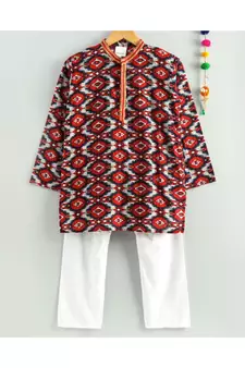 red ikkat print kurta with a white pajama