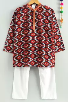 red ikkat print kurta with a white pajama