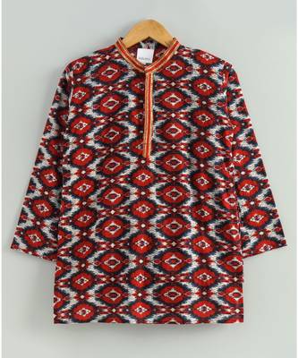 red ikkat print kurta with a white pajama 4