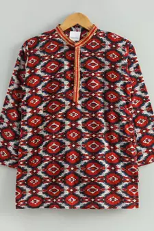 red ikkat print kurta with a white pajama