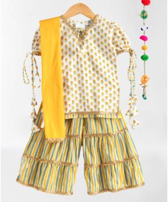 Floral Kurti with a striped triple layered sharara and a yellow dupatta 1